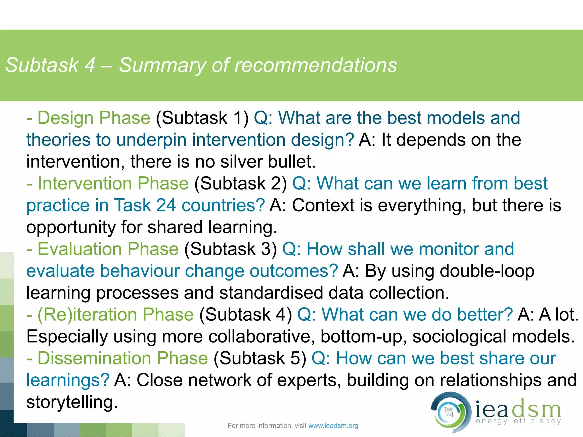 Subtask 4 – Summary of recommendations
For more information, visit www.ieadsm.org
- Design Phase (Subtask 1) Q: What are the best models and
theories to underpin intervention design? A: It depends on the
intervention, there is no silver bullet.
- Intervention Phase (Subtask 2) Q: What can we learn from best
practice in Task 24 countries? A: Context is everything, but there is
opportunity for shared learning.
- Evaluation Phase (Subtask 3) Q: How shall we monitor and
evaluate behaviour change outcomes? A: By using double-loop
learning processes and standardised data collection.
- (Re)iteration Phase (Subtask 4) Q: What can we do better? A: A lot.
Especially using more collaborative, bottom-up, sociological models.
- Dissemination Phase (Subtask 5) Q: How can we best share our
learnings? A: Close network of experts, building on relationships and
storytelling.
 