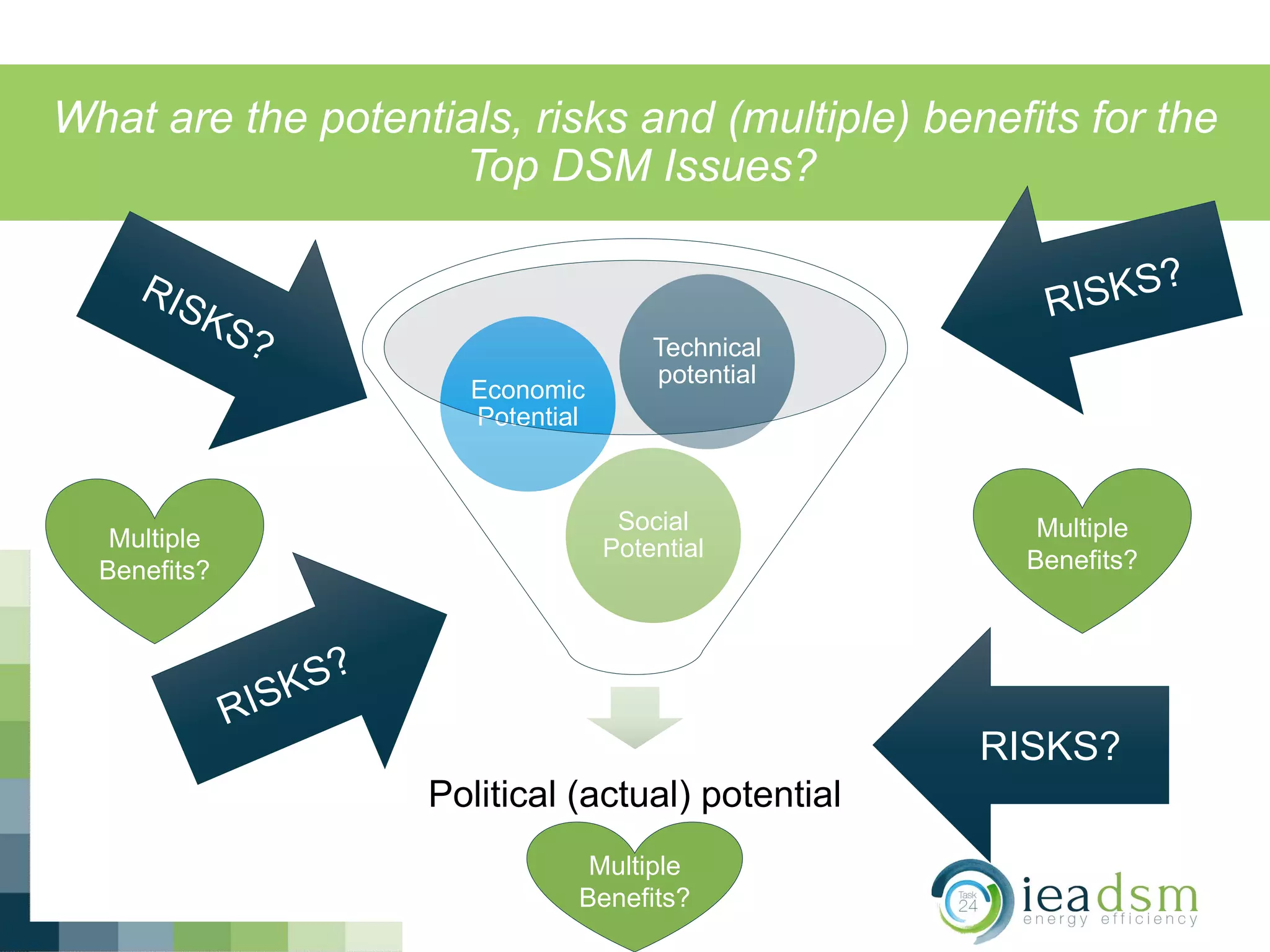 Multiple
Benefits?
What are the potentials, risks and (multiple) benefits for the
Top DSM Issues?
Political (actual) potential
Social
Potential
Economic
Potential
Technical
potential
RISKS?
Multiple
Benefits?
Multiple
Benefits?
 