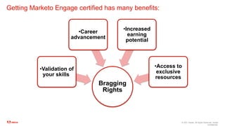 © 2021 Adobe. All Rights Reserved. Adobe
Confidential.
Getting Marketo Engage certified has many benefits:
Bragging
Rights
•Validation of
your skills
•Career
advancement
•Increased
earning
potential
•Access to
exclusive
resources
 