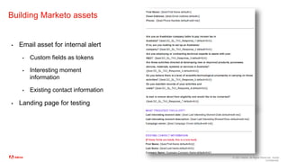 © 2021 Adobe. All Rights Reserved. Adobe
Confidential.
Building Marketo assets
▪ Email asset for internal alert
▪ Custom fields as tokens
▪ Interesting moment
information
▪ Existing contact information
▪ Landing page for testing
 
