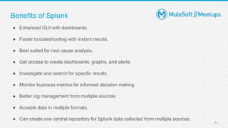 11
● Enhanced GUI with dashboards.
● Faster troubleshooting with instant results.
● Best suited for root cause analysis.
● Get access to create dashboards, graphs, and alerts.
● Investigate and search for specific results.
● Monitor business metrics for informed decision making.
● Better log management from multiple sources.
● Accepts data in multiple formats.
● Can create one central repository for Splunk data collected from multiple sources.
Benefits of Splunk
 