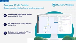 Anypoint Code Builder
Design, develop, deploy from a single environment
Use modern, cloud-native tooling
powered by VS Code
Go faster with recommendations at
design-time
Embrace code reuse with API and
integration building blocks
Public Beta
 