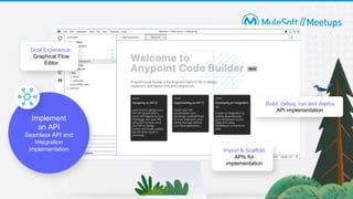Build, debug, run and deploy
API implementation
Import & Scaffold
APIs for
implementation
Dual Experience:
Graphical Flow
Editor
Implement
an API
Seamless API and
Integration
implementation
 