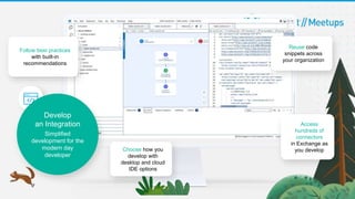 Follow best practices
with built-in
recommendations
Access
hundreds of
connectors
in Exchange as
you develop
Choose how you
develop with
desktop and cloud
IDE options
Develop
an Integration
Simplified
development for the
modern day
developer
Reuse code
snippets across
your organization
 