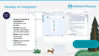 Develop an Integration
● Access hundreds of
connectors in
Exchange as you
develop
● Choose how you
develop with desktop
and cloud IDE options
● Reuse code snippets
across your
organization
● Follow best practices
with built-in
recommendations
Simplified development for the
modern day developer
 