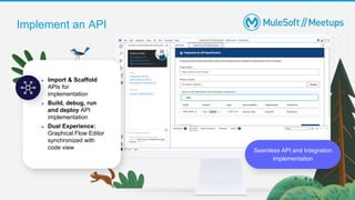 Implement an API
Seamless API and Integration
implementation
● Import & Scaffold
APIs for
implementation
● Build, debug, run
and deploy API
implementation
● Dual Experience:
Graphical Flow Editor
synchronized with
code view
 