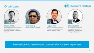 4
Ryan Andal
MuleSoft Ambassador | Architect
| TOGAF® 9 | AWS | Azure |
Associate Manager - MuleSoft at
Capgemini
Organizers
Feel welcome to reach out and connect with our event organizers
Nicholas Ip
Senior Consultant at MuleSoft
Fuguo Wei
Principal Integration Architect at
Cloudwerx | MuleSoft Mentor |
MuleSoft Meetup Leader
Brian Fraser
MuleSoft Ambassador and
Meetup Leader | Senior
Integration Consultant and
Manager at Capgemini
 