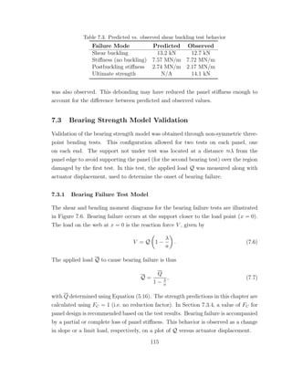 Table 7.3. Predicted vs. observed shear buckling test behavior
Failure Mode Predicted Observed
Shear buckling 13.2 kN 12.7 kN
Stiﬀness (no buckling) 7.57 MN/m 7.72 MN/m
Postbuckling stiﬀness 2.74 MN/m 2.17 MN/m
Ultimate strength N/A 14.1 kN
was also observed. This debonding may have reduced the panel stiﬀness enough to
account for the diﬀerence between predicted and observed values.
7.3 Bearing Strength Model Validation
Validation of the bearing strength model was obtained through non-symmetric three-
point bending tests. This conﬁguration allowed for two tests on each panel, one
on each end. The support not under test was located at a distance ≈λ from the
panel edge to avoid supporting the panel (for the second bearing test) over the region
damaged by the ﬁrst test. In this test, the applied load Q was measured along with
actuator displacement, used to determine the onset of bearing failure.
7.3.1 Bearing Failure Test Model
The shear and bending moment diagrams for the bearing failure tests are illustrated
in Figure 7.6. Bearing failure occurs at the support closer to the load point (x = 0).
The load on the web at x = 0 is the reaction force V , given by
V = Q 1 −
λ
a
. (7.6)
The applied load Q to cause bearing failure is thus
Q =
Q
1 − λ
a
, (7.7)
with Q determined using Equation (5.16). The strength predictions in this chapter are
calculated using FC = 1 (i.e. no reduction factor). In Section 7.3.4, a value of FC for
panel design is recommended based on the test results. Bearing failure is accompanied
by a partial or complete loss of panel stiﬀness. This behavior is observed as a change
in slope or a limit load, respectively, on a plot of Q versus actuator displacement.
115
 