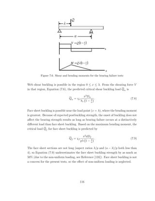Figure 7.6. Shear and bending moments for the bearing failure tests
Web shear buckling is possible in the region 0 ≤ x ≤ λ. From the shearing force V
in that region, Equation (7.6), the predicted critical shear buckling load Qw is
Qw = χβ
π2
Dw
hc 1 − λ
a
. (7.8)
Face sheet buckling is possible near the load point (x = λ), where the bending moment
is greatest. Because of expected postbuckling strength, the onset of buckling does not
aﬀect the bearing strength results as long as bearing failure occurs at a distinctively
diﬀerent load than face sheet buckling. Based on the maximum bending moment, the
critical load Qf for face sheet buckling is predicted by
Qf = χf
π2
dDf
pλ 1 − λ
a
. (7.9)
The face sheet sections are not long (aspect ratios λ/p and (a − λ)/p both less than
4), so Equation (7.9) underestimates the face sheet buckling strength by as much as
50% (due to the non-uniform loading, see Reference [116]). Face sheet buckling is not
a concern for the present tests, so the eﬀect of non-uniform loading is neglected.
116
 