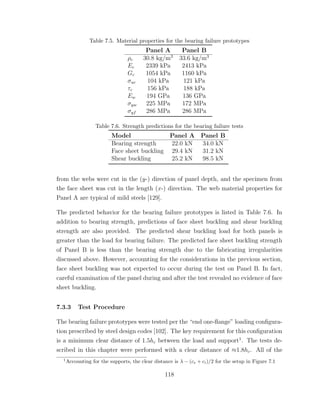 Table 7.5. Material properties for the bearing failure prototypes
Panel A Panel B
ρc 30.8 kg/m3
33.6 kg/m3
Ec 2339 kPa 2413 kPa
Gc 1054 kPa 1160 kPa
σuc 104 kPa 121 kPa
τc 156 kPa 188 kPa
Ew 194 GPa 136 GPa
σyw 225 MPa 172 MPa
σyf 286 MPa 286 MPa
Table 7.6. Strength predictions for the bearing failure tests
Model Panel A Panel B
Bearing strength 22.0 kN 34.0 kN
Face sheet buckling 29.4 kN 31.2 kN
Shear buckling 25.2 kN 98.5 kN
from the webs were cut in the (y-) direction of panel depth, and the specimen from
the face sheet was cut in the length (x-) direction. The web material properties for
Panel A are typical of mild steels [129].
The predicted behavior for the bearing failure prototypes is listed in Table 7.6. In
addition to bearing strength, predictions of face sheet buckling and shear buckling
strength are also provided. The predicted shear buckling load for both panels is
greater than the load for bearing failure. The predicted face sheet buckling strength
of Panel B is less than the bearing strength due to the fabricating irregularities
discussed above. However, accounting for the considerations in the previous section,
face sheet buckling was not expected to occur during the test on Panel B. In fact,
careful examination of the panel during and after the test revealed no evidence of face
sheet buckling.
7.3.3 Test Procedure
The bearing failure prototypes were tested per the “end one-ﬂange” loading conﬁgura-
tion prescribed by steel design codes [102]. The key requirement for this conﬁguration
is a minimum clear distance of 1.5hc between the load and support1
. The tests de-
scribed in this chapter were performed with a clear distance of ≈1.8hc. All of the
1
Accounting for the supports, the clear distance is λ − (ce + ci)/2 for the setup in Figure 7.1
118
 