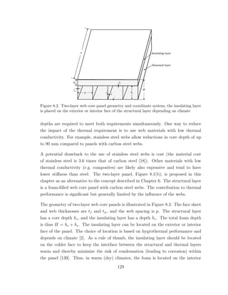 Figure 8.2. Two-layer web core panel geometry and coordinate system; the insulating layer
is placed on the exterior or interior face of the structural layer depending on climate
depths are required to meet both requirements simultaneously. One way to reduce
the impact of the thermal requirement is to use web materials with low thermal
conductivity. For example, stainless steel webs allow reductions in core depth of up
to 90 mm compared to panels with carbon steel webs.
A potential drawback to the use of stainless steel webs is cost (the material cost
of stainless steel is 3.6 times that of carbon steel [18]). Other materials with low
thermal conductivity (e.g. composites) are likely also expensive and tend to have
lower stiﬀness than steel. The two-layer panel, Figure 8.1(b), is proposed in this
chapter as an alternative to the concept described in Chapter 6. The structural layer
is a foam-ﬁlled web core panel with carbon steel webs. The contribution to thermal
performance is signiﬁcant but generally limited by the inﬂuence of the webs.
The geometry of two-layer web core panels is illustrated in Figure 8.2. The face sheet
and web thicknesses are tf and tw, and the web spacing is p. The structural layer
has a core depth hc, and the insulating layer has a depth he. The total foam depth
is thus H = hc + he. The insulating layer can be located on the exterior or interior
face of the panel. The choice of location is based on hygrothermal performance and
depends on climate [2]. As a rule of thumb, the insulating layer should be located
on the colder face to keep the interface between the structural and thermal layers
warm and thereby minimize the risk of condensation (leading to corrosion) within
the panel [139]. Thus, in warm (dry) climates, the foam is located on the interior
129
 
