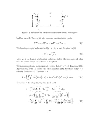 Figure B.1. Model used for determination of the web ﬂexural buckling load
buckling strength. The von K´arm´an governing equation in this case is
D 4
w = − KW w − KP
2
w + Nxw,xx. (B.2)
The buckling strength is characterized by the critical load N0, given by [93]
N0 = χfb
π2
D
b2
, (B.3)
where χfb is the ﬂexural web buckling coeﬃcient. Unless otherwise noted, all other
variables in this section are as deﬁned in Chapter 4.
The minimum potential energy approach requires that δU −δV = 0 (Equation (4.5)).
Approximating w by the double sine series, Equation (4.6), the strain energy U is
given by Equation (4.8). The work V is
V =
1
2
b
0
a
0
N0 1 − α
y
b
w2
,x − KW w2
− KP w2
,x + w2
,y dxdy. (B.4)
Evaluation of the integral in Equation (B.4) yields
V =
ab
8
N0
∞
m=1
∞
n=1
A2
mn
m2
π2
a2
− KW
∞
m=1
∞
n=1
A2
mn
−KP π2
∞
m=1
∞
n=1
m
a
2
A2
mn +
∞
m=1
∞
n=1
n
b
2
A2
mn
−
N0αa
4b
∞
m=1
m2
π2
a2
b2
4
∞
n=1
A2
mn −
8b2
π2
∞
n=1
∞
i
AmnAmini
(n2 − i2)2
. (B.5)
169
 