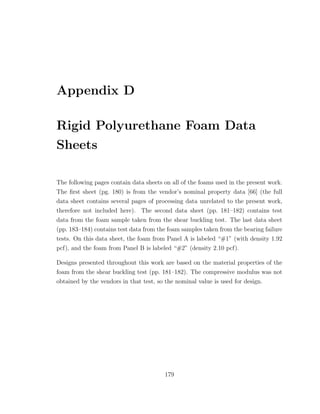 Appendix D
Rigid Polyurethane Foam Data
Sheets
The following pages contain data sheets on all of the foams used in the present work.
The ﬁrst sheet (pg. 180) is from the vendor’s nominal property data [66] (the full
data sheet contains several pages of processing data unrelated to the present work,
therefore not included here). The second data sheet (pp. 181–182) contains test
data from the foam sample taken from the shear buckling test. The last data sheet
(pp. 183–184) contains test data from the foam samples taken from the bearing failure
tests. On this data sheet, the foam from Panel A is labeled “#1” (with density 1.92
pcf), and the foam from Panel B is labeled “#2” (density 2.10 pcf).
Designs presented throughout this work are based on the material properties of the
foam from the shear buckling test (pp. 181–182). The compressive modulus was not
obtained by the vendors in that test, so the nominal value is used for design.
179
 