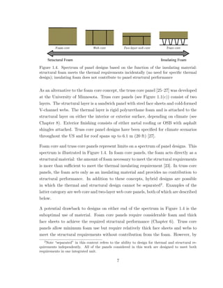Figure 1.4. Spectrum of panel designs based on the function of the insulating material:
structural foam meets the thermal requirements incidentally (no need for speciﬁc thermal
design); insulating foam does not contribute to panel structural performance
As an alternative to the foam core concept, the truss core panel [25–27] was developed
at the University of Minnesota. Truss core panels (see Figure 1.1(c)) consist of two
layers. The structural layer is a sandwich panel with steel face sheets and cold-formed
V-channel webs. The thermal layer is rigid polyurethane foam and is attached to the
structural layer on either the interior or exterior surface, depending on climate (see
Chapter 8). Exterior ﬁnishing consists of either metal rooﬁng or OSB with asphalt
shingles attached. Truss core panel designs have been speciﬁed for climate scenarios
throughout the US and for roof spans up to 6.1 m (20 ft) [27].
Foam core and truss core panels represent limits on a spectrum of panel designs. This
spectrum is illustrated in Figure 1.4. In foam core panels, the foam acts directly as a
structural material: the amount of foam necessary to meet the structural requirements
is more than suﬃcient to meet the thermal insulating requirement [23]. In truss core
panels, the foam acts only as an insulating material and provides no contribution to
structural performance. In addition to these concepts, hybrid designs are possible
in which the thermal and structural design cannot be separated2
. Examples of the
latter category are web core and two-layer web core panels, both of which are described
below.
A potential drawback to designs on either end of the spectrum in Figure 1.4 is the
suboptimal use of material. Foam core panels require considerable foam and thick
face sheets to achieve the required structural performance (Chapter 6). Truss core
panels allow minimum foam use but require relatively thick face sheets and webs to
meet the structural requirements without contribution from the foam. However, by
2
Note “separated” in this context refers to the ability to design for thermal and structural re-
quirements independently. All of the panels considered in this work are designed to meet both
requirements in one integrated unit.
7
 