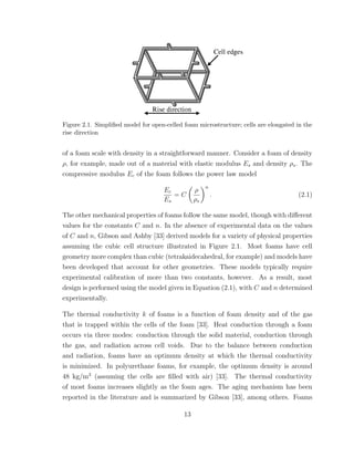 Figure 2.1. Simpliﬁed model for open-celled foam microstructure; cells are elongated in the
rise direction
of a foam scale with density in a straightforward manner. Consider a foam of density
ρ, for example, made out of a material with elastic modulus Es and density ρs. The
compressive modulus Ec of the foam follows the power law model
Ec
Es
= C
ρ
ρs
n
. (2.1)
The other mechanical properties of foams follow the same model, though with diﬀerent
values for the constants C and n. In the absence of experimental data on the values
of C and n, Gibson and Ashby [33] derived models for a variety of physical properties
assuming the cubic cell structure illustrated in Figure 2.1. Most foams have cell
geometry more complex than cubic (tetrakaidecahedral, for example) and models have
been developed that account for other geometries. These models typically require
experimental calibration of more than two constants, however. As a result, most
design is performed using the model given in Equation (2.1), with C and n determined
experimentally.
The thermal conductivity k of foams is a function of foam density and of the gas
that is trapped within the cells of the foam [33]. Heat conduction through a foam
occurs via three modes: conduction through the solid material, conduction through
the gas, and radiation across cell voids. Due to the balance between conduction
and radiation, foams have an optimum density at which the thermal conductivity
is minimized. In polyurethane foams, for example, the optimum density is around
48 kg/m3
(assuming the cells are ﬁlled with air) [33]. The thermal conductivity
of most foams increases slightly as the foam ages. The aging mechanism has been
reported in the literature and is summarized by Gibson [33], among others. Foams
13
 