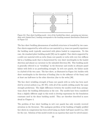 Figure 3.6. Face sheet buckling mode: view of the buckled face sheet, assuming one interme-
diate web (dashed line); loading corresponds to the bending moment distribution illustrated
in Figure 3.2
The face sheet buckling phenomenon of sandwich structures is bounded by two cases.
Face sheets supported by webs with no core material (e.g. truss core panels) experience
the buckling mode typically associated with plates loaded in compression. To this
case, the standard plate buckling model [93] can be applied. Face sheets supported by
a solid core material with no webs (foam core panels) or webs with very low stiﬀness
fail in a buckling mode that is characterized by very short wavelengths in the loaded
direction and almost no curvature in the unloaded direction [94]. This buckling mode
is generally referred to as “wrinkling” in the literature and results in ultimate panel
failure with little or no postbuckling strength. In web core panels, the failure mode
is a hybrid of the two cases. The face sheet, as illustrated in Figure 3.6, buckles with
short wavelengths in the direction of loading (due to the inﬂuence of the foam) and
at least one half-wave in the other direction (due to the webs) [89].
The face sheet wrinkling strength of foam core panels with no webs has been mod-
eled by several authors (e.g. [95–97]), with all of the models yielding nearly the same
strength predictions. The slight diﬀerences between the models result from assump-
tions about the buckling deformation in the core. The models have been considered
from a slightly diﬀerent angle in this work to develop expressions for the foundation
constants used in the shear buckling model. They are therefore described in more
detail in Chapter 4.
The problem of face sheet buckling in web core panels has only recently received
attention in the literature. The analogous problem of the buckling of highly proﬁled
face sheets in compression has been solved using an elastic half space model (e.g. [42])
for the core. Solution of this model results in an equation that must be solved numer-
33
 