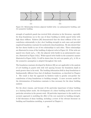(a) (b)
Figure 3.8. Relationship between adjacent buckled webs: (a) antisymmetric buckling, and
(b) symmetric buckling
strength of sandwich panels has received little attention in the literature, especially
for deep foundations (as in the case of shear buckling in widely spaced webs) with
high shear stiﬀness. Kolsters [89] demonstrated that the shear stiﬀness of the core
contributes substantially to face sheet buckling strength in such cases and provided
empirical foundation constants for moderately deep foundations. He also showed that
the face sheets buckle in one of two relationships to each other. These relationships
are illustrated in terms of the buckling of adjacent webs in Figure 3.8. If the webs are
spaced very closely (p/tw < 50), the adjacent webs buckle in an antisymmetric man-
ner, illustrated in Figure 3.8(a). Wider-spaced webs buckle in the symmetric manner
illustrated in Figure 3.8(b). It will be shown that, for web core panels, p/tw 50, so
the symmetric assumption is adopted throughout this work.
The foundation constants developed by Kolsters [89] are not applicable to the analysis
of web buckling in panels with wide web spacing because the foundation depth is
much greater than in his work. The buckling deformation ﬁeld in deep foundations is
fundamentally diﬀerent from that of shallower foundations, as described in Chapter
4. The result is that the approach by Kolsters tends to greatly over-predict the
contribution of deep foundations to buckling strength. A more accurate model for
the determination of foundation constants is thus necessary for the shear buckling
analysis.
For the above reasons, and because of the particular importance of shear buckling
as a limiting failure mode, the development of a shear buckling model has received
particular attention in the present work. Of particular importance to the model is an
accurate approach to modeling the eﬀect of the core material on buckling strength.
A full discussion of shear buckling, including a review of the relevant literature on
buckling and foundation modeling, is presented in Chapter 4.
35
 