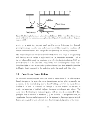 Figure 3.9. Bearing failure mode (adapted from Reference [100]): view of the failure mech-
anism in the web; the maximum shearing force (see Figure 3.2) is distributed over the panel
support width c
above. As a result, they are not widely used in current design practice. Instead,
prescriptive design codes for thin-walled structures [102] use empirical equations cal-
ibrated to match the test data for speciﬁc web geometry and loading conditions.
The empirical equations are typically calibrated over a wide range of web geometry
and therefore not as limited in applicability as the mechanism solutions. Due to
the prevalence of the empirical equations, new web crippling test data (e.g. [103]) are
typically curve ﬁt to the same form. Thus, in this work a semi-empirical model is also
developed based in part on the prescriptive code equations. That model is presented
in Chapter 5 and compared to the analytical model for panels with thin webs.
3.7 Core Shear Stress Failure
An important failure mode for foam core panels is stress failure of the core material.
In web core panels, the webs take up the shear stresses, so core failure is normally not
a concern. If the web fails (e.g. due to shear buckling), however, the shear stresses
transfer to the core. In this case, the strength of the core material can be used to
predict the existence of residual load-carrying capacity following web failure. The
shear stress distribution in foam core panels with no webs is determined by ﬁrst
principles and is available in Reference [37], for example. In the present work, no
contribution from the webs is assumed, so the analysis for foam core panels is used.
Panels are designed to have adequate core shear strength independent of the webs.
37
 