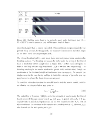 hc/t, fW ,
Mode
a/hc fP
200,
20
10.7,
4.41
400,
10
171,
17.7
Figure 4.11. Buckling mode shape in the webs of a panel under distributed load (Ec =
Gc = 500 kPa); due to symmetry, only half the panel length is shown
closer to clamped than to simply supported. This condition is not problematic for the
present study because, for long panels, the boundary conditions on the short edges
do not aﬀect shear buckling strength [108].
The critical buckling load qFE and mode shape were determined using an eigenvalue
buckling analysis. The buckling mechanism for webs under the action of distributed
loads is illustrated for two sample cases in Figure 4.11. The two cases correspond to
webs of relatively low and high slenderness (hc/t = 200 and 400, respectively). The
buckling wavelengths are similar to those for panels under uniform load, though the
amplitudes of the buckles diminish with distance from the support. As a result, the
displacement in the core due to buckling is limited to a region of the webs near the
panel supports, where the shear stresses are greatest.
To provide a basis of comparison between FE results and the present model, consider
an eﬀective buckling coeﬃcient χFE given by
χFE =
pahc
2π2D
qFE. (4.30)
The suitability of Equation (4.29) to model the strength of panels under distributed
load is assessed through comparison of χ∞ and χFE. In panels with a/hc ≥ 4, χ∞
depends only on material properties and on the web slenderness ratio hc/t, both of
which determine the inﬂuence of the core material (see Equation 4.27). However, χFE
also depends on the web spacing ratio p/a.
59
 