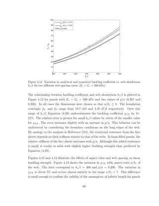Figure 4.12. Variation in analytical and numerical buckling coeﬃcient vs. web slenderness
hc/t for two diﬀerent web spacing ratios (Ec = Gc = 500 kPa)
The relationship between buckling coeﬃcient and web slenderness hc/t is plotted in
Figure 4.12 for panels with Ec = Gc = 500 kPa and two values of p/a (0.267 and
0.200). In all cases the dimensions were chosen so that a/hc ≥ 8. The foundation
constants fW and fP range from 10.7–418 and 4.41–27.6 respectively. Over this
range of hc/t, Equation (4.29) underestimates the buckling coeﬃcient χFE by 11–
21%. The relative error is greater for small hc/t values by virtue of the smaller value
for χFE. The error increases slightly with an increase in p/a. This behavior can be
understood by considering the boundary conditions on the long edges of the web.
By analogy to the analysis in Reference [115], the rotational resistance from the face
sheets depends on their stiﬀness relative to that of the webs. In foam-ﬁlled panels, the
relative stiﬀness of the face sheets increases with p/a. Although this added resistance
is small, it results in webs with slightly higher buckling strength than predicted by
Equation (4.29).
Figures 4.13 and 4.14 illustrate the eﬀects of aspect ratio and web spacing on shear
buckling strength. Figure 4.13 shows the variation in χFE with aspect ratio a/hc of
the web. The data correspond to hc/t = 400 and p/a = 0.200. The variation in
χFE is about 5% and occurs almost entirely in the range a/hc < 7. This diﬀerence
is small enough to conﬁrm the validity of the assumption of inﬁnite length for panels
60
 