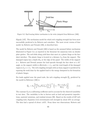 Figure 5.2. End bearing failure mechanism in the webs (adapted from Reference [100])
Elgaaly [127]. The mechanism model for which web crippling strength has been most
successfully predicted is by Roberts and coworkers. The most recent version of that
model, by Roberts and Newark [100], is described here.
The model by Roberts and Newark [100] is based on the assumed failure mechanism
illustrated in Figure 5.2, as reported in the literature for numerous tests on slender
plate girders. The web folds along yield lines that meet at a plastic hinge at the face
sheet interface. The plastic hinge is located at a distance LD from the support. The
damaged region has a depth 2hD at the edge of the panel. The width of the support
is c. Roberts and Newark assume the load spreads through the face sheet at a 45◦
angle, so the support width is eﬀectively c + tf , and the total length of the damaged
region is LD +c+tf . The web crippling strength with no foam support is predicted by
equating the work done by the applied load to the energy dissipated in the formation
of plastic hinges.
For loads applied near the panel ends, the web crippling strength Qw predicted by
the model in Reference [100] is
Qw = FR
3.3
8
t2
w Ewσyw
tf
tw
1/4
1 +
8(c + tf )tw
3hctf
. (5.2)
The constant FR is a calibrating coeﬃcient used to account for the observed variability
in test data. The variability is due to factors such as load and geometric imperfec-
tions, material variations, and residual stresses [99]. Based on the results of 237 web
crippling tests, Equation (5.2) overestimates web strength by about 25% on average.
The data had a spread of about ±45%. From these two observations, Roberts and
66
 