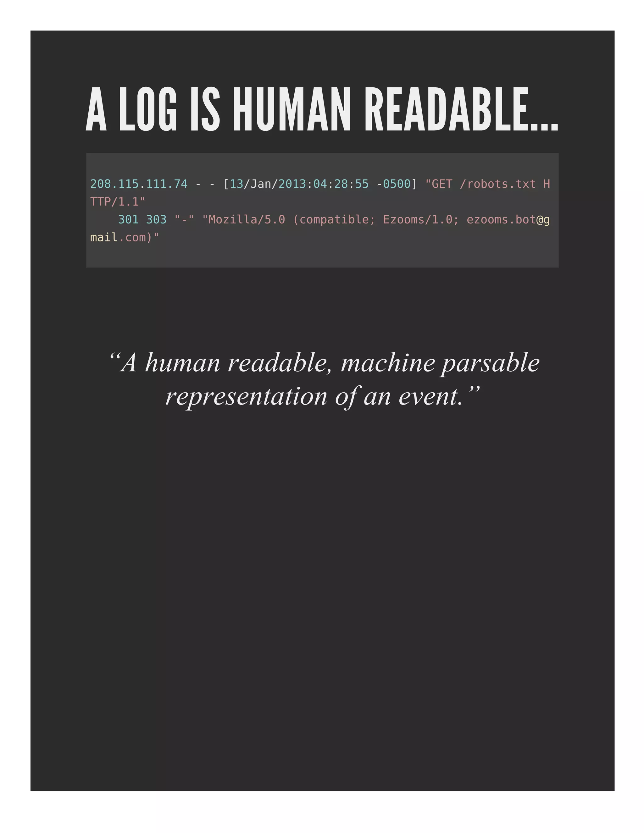 A LOG IS HUMAN READABLE...
“A human readable, machine parsable
representation of an event.”
208.115.111.74 - - [13/Jan/2013:04:28:55 -0500] "GET /robots.txt H
TTP/1.1"
301 303 "-" "Mozilla/5.0 (compatible; Ezooms/1.0; ezooms.bot@g
mail.com)"
 