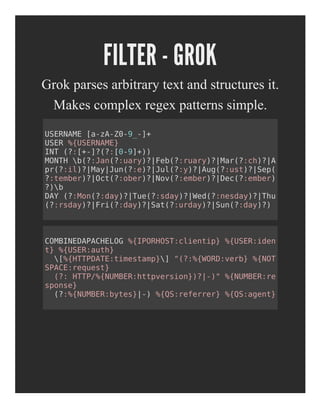 FILTER - GROK
Grok parses arbitrary text and structures it.
Makes complex regex patterns simple.
USERNAME [a-zA-Z0-9_-]+
USER %{USERNAME}
INT (?:[+-]?(?:[0-9]+))
MONTH b(?:Jan(?:uary)?|Feb(?:ruary)?|Mar(?:ch)?|A
pr(?:il)?|May|Jun(?:e)?|Jul(?:y)?|Aug(?:ust)?|Sep(
?:tember)?|Oct(?:ober)?|Nov(?:ember)?|Dec(?:ember)
?)b
DAY (?:Mon(?:day)?|Tue(?:sday)?|Wed(?:nesday)?|Thu
(?:rsday)?|Fri(?:day)?|Sat(?:urday)?|Sun(?:day)?)
COMBINEDAPACHELOG %{IPORHOST:clientip} %{USER:iden
t} %{USER:auth}
[%{HTTPDATE:timestamp}] "(?:%{WORD:verb} %{NOT
SPACE:request}
(?: HTTP/%{NUMBER:httpversion})?|-)" %{NUMBER:re
sponse}
(?:%{NUMBER:bytes}|-) %{QS:referrer} %{QS:agent}
 