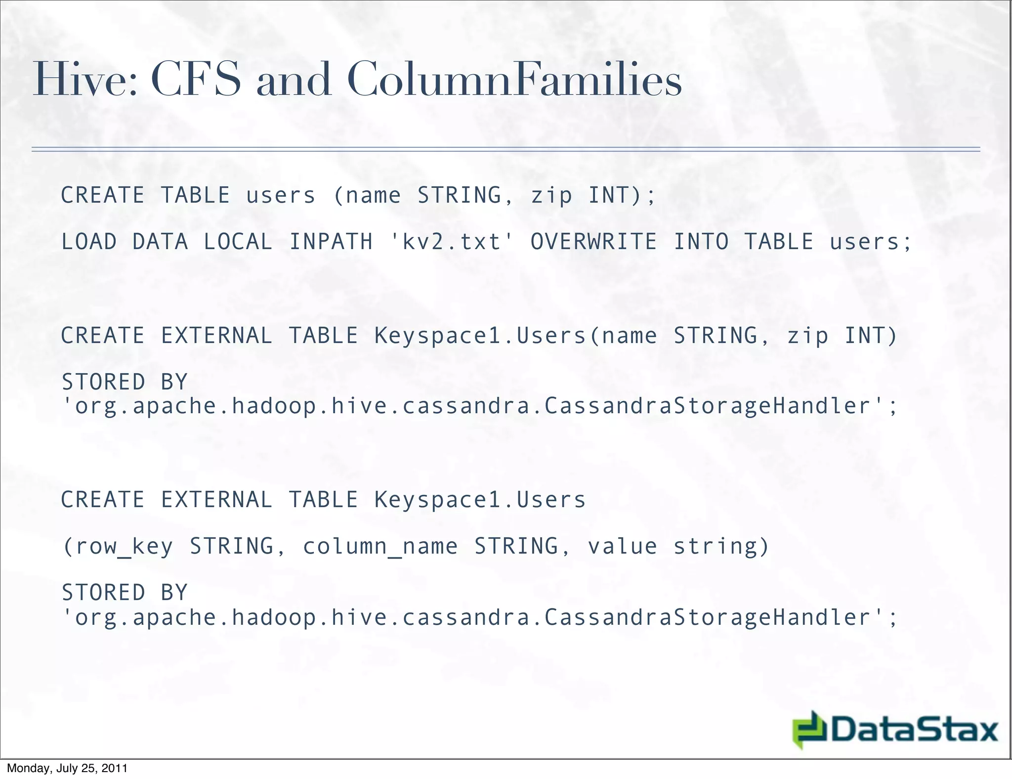 Hive: CFS and ColumnFamilies

         CREATE TABLE users (name STRING, zip INT); 
         LOAD DATA LOCAL INPATH 'kv2.txt' OVERWRITE INTO TABLE users;
          

         CREATE EXTERNAL TABLE Keyspace1.Users(name STRING, zip INT)
         STORED BY
         'org.apache.hadoop.hive.cassandra.CassandraStorageHandler';


         CREATE EXTERNAL TABLE Keyspace1.Users
         (row_key STRING, column_name STRING, value string)
         STORED BY
         'org.apache.hadoop.hive.cassandra.CassandraStorageHandler';




Monday, July 25, 2011
 