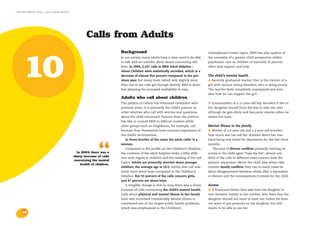 the bris report 2004 : calls from adults




                                                   Calls from Adults
                                                                     Background                                                   Ombudsman’s latest report. BRIS has also spoken of




     10
                                                                     In our society many adults have a clear need to be able      the necessity of a greater child perspective within
                                                                     to talk with an outsider about issues concerning chil-       psychiatric care as children of mentally ill parents
                                                                     dren. In 2004, 2,137 calls to BRIS Adult Helpline –          often lack support and help.
                                                                     About Children were statistically recorded, which is a
                                                                     decrease of almost five percent compared to the pre-         The child’s mental health
                                                                     vious year. But many more called; only slightly more         • Recently graduated teacher that is the mentor of a
                                                                     than one in ten calls got through directly. BRIS is there-   girl with serious eating disorders who is doing poorly.
                                                                     fore planning for increased availability in 2005.            The teacher feels completely unprepared and won-
                                                                                                                                  ders how he can support the girl.
                                                                     Adults who call about children
                                                                     The pattern of callers has remained consistent with          • Grandmother of a 12-year-old boy wonders if she or
                                                                     previous years. It is primarily the child’s parents or       her daughter should force the boy to take the tube
                                                                     other relatives who call with worries and questions          although he gets dizzy and has panic attacks when he
                                                                     about the child concerned. Persons from the authori-         enters the train.
                                                                     ties like to consult BRIS in difficult matters while
                                                                     other groups such as neighbours, for example, call           Mental illness in the family
                                                                     because they themselves have concrete experience of          • Mother of a 6 year-old and a 9 year-old wonders
                                                                     the child’s victimisation.                                   how much she can tell her children about her hus-
                                                                        In three-fourths of the cases the adult caller is a       band being sick-listed for depression for the last three




                                                           “
                                                                     woman.                                                       months.
                                                                        Compared to the profile on the Children’s Helpline,          The area of divorce conflicts primarily centring on
                                             In 2004 there was a     the contents of the adult helpline looks a little diffe-     access to the child again “tops the list”; almost one
                                           sharp increase of calls   rent with regard to children and the ranking of the call     third of the calls in different ways concern how the
                                           concerning the mental
                                                                     topics. Adults are primarily worried about younger           parents’ separation affects the child. Also when calls
                                               health of children.
                                                                     children; the average age is 10.5. Adults also call rela-    concern family conflicts, they can in many cases be
                                                                     tively more about boys compared to the Children’s            about disagreements between adults after a separation
                                                                     Helpline. But 53 percent of the calls concern girls,         or divorce and the consequences it entails for the child.
                                                                     and 47 percent are about boys.
                                                                        A tangible change is that in 2004 there was a sharp       Access
                                                                     increase of calls concerning the child’s mental health.      • A frustrated father that sees how his daughter is
                                                                     Calls about physical and mental illness in the family        torn between loyalty to her mother, who feels that the
                                                                     have also increased considerably. Mental illness is          daughter should not need to meet her father. He does
                                                                     considered one of the largest public health problems,        not want to put pressure on his daughter, but still
                                                                     which was emphasized in the Children’s                       wants to be able to see her.
    28
 