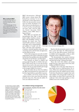 krönika




                                       BRIS’ documentation. Although
                                       BRIS nurses a dream about also
Who contacts BRIS?                     being better at having “its ear to
4 Girls are in the majority in         the ground” as Peter Irgens puts it.
contacts with BRIS. They ac-
count for 79 percent of the            Either the documentation system
contacts.                              must be further developed to be
    The average age of those           able to discern new phenomena, or
who contacted BRIS was 14.1
years in 2007. The average age         it may be so that a new phenome-
is similar between girls and           non must “land” with the child-
boys, but it is somewhat higher        ren, become day-to-day, before
in the BRIS-mail compared with
the contacts in the Children’s         children contact BRIS about it,
Helpline                               Irgens believes.
                                           What BRIS can read from the
                                       documentation from 2007 is that
                                       family conflicts, loneliness and pro-
                                       blems with friendships continue to
                                       dominate the contact areas. Poor
                                       mental health continues to increase
                                       with topics such as eating disorders
                                       and problems of suicide and self- Peter Irgens, Documentation Manager, BRIS
                                       harm. Life issues, such as questions
                                       of identity, existential questions about life, issues     Based on the documentation, parents can also
                                       concerning sorrow and the body and appearance, learn a great deal about the child perspective,
                                       are also clearly on the rise.                          that is to say, what effects parents’ actions have
                                           “Girls in their teenage years are in the overwhel- on children and young people, or what an adult
                                       ming majority in the contacts, which does not mean should do so that a child feels listened to.
                                       the boys have fewer problems, but rather that BRIS’       “The documentation also contains numerous
                                       channels do not suit the boys,” says Peter Irgens.     fantastic examples of things adults do that are good,
                                           “Our channels are based on children and and those that are bad,” continues Peter Irgens.
                                       young people being able to verbalise their pro-           Those who work with children and young
                                       blems, which means that it is not only the boys people also have a great deal to learn from what
                                       that we do not reach to the same extent, but also children tell BRIS, he believes.
                                       children who do not speak Swedish well enough             “Children tell us what they think about stu-
                                       or the younger children, for instance.”                dent health services or child psychiatry, for in-
                                           But for the adults who are where the children stance. Where else could these professional cate-
                                       are, BRIS’ documentation has a great deal to of- gories find out how the children perceive them?
                                       fer, Peter Irgens believes, particularly to parents.   I wish that all professional categories that work
                                           “It is notable in all of the contacts that the with children and young people would ask us
                                       children want to have more from their parents, what children say about them in particular. We
                                       primarily more time. They miss the adults. Pa- could give them tailor-made guidance in how
                                       rents can really learn from this.”                     children want to be treated by them!”



     In half of the contacts, BRIS     The children’s living arrangements
     receives information about
     children’s living arrange-        Living arrangements – Proportion of the child contacts
     ments. On the Children’s             Nuclear family 56%
     Helpline, where it is possible       Lone mother 14%
     to ask questions, information        Both parents alternately 7.5%
     about housing is available in        Step family 6.1%
     seven out of ten calls, while
                                          Lone father 5.5%
     only one out of four e-mails
                                          Own housing 3.2%
     provide this information. The
     housing pattern is very similar      Fosterhome 3.1%
     to previous years.                   Treatment centre or equivalent 1.9%
                                          Other 2.6%
                                       n = 10,638




                                                                                                 Living arrangements – Proportion of the child contacts
                                                                                                    Nuclear family 56%
                                                                                                    Lone mother 14%
                                                                                                   Both parents alternately 7.5%       1/2008 • The BRIS-report
                                                                                                    Step family 6.1%
 