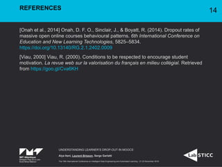 [Onah et al., 2014] Onah, D. F. O., Sinclair, J., & Boyatt, R. (2014). Dropout rates of
massive open online courses behavioural patterns. 6th International Conference on
Education and New Learning Technologies, 5825–5834.
https://doi.org/10.13140/RG.2.1.2402.0009
[Viau, 2000] Viau, R. (2000). Conditions to be respected to encourage student
motivation. La revue web sur la valorisation du français en milieu collégial. Retrieved
from https://goo.gl/Cva6KH
UNDERSTANDING LEARNER’S DROP-OUT IN MOOCS
Alya Itani, Laurent Brisson, Serge Garlatti
The 19th International Conference on Intelligent Data Engineering and Automated Learning - 21-23 November 2018
REFERENCES 14
 