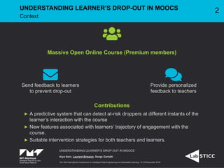 
Massive Open Online Course (Premium members)
Send feedback to learners
to prevent drop-out
Provide personalized
feedback to teachers
Contributions
A predictive system that can detect at-risk droppers at different instants of the
learner’s interaction with the course
New features associated with learners’ trajectory of engagement with the
course.
Suitable intervention strategies for both teachers and learners.
UNDERSTANDING LEARNER’S DROP-OUT IN MOOCS
Alya Itani, Laurent Brisson, Serge Garlatti
The 19th International Conference on Intelligent Data Engineering and Automated Learning - 21-23 November 2018
UNDERSTANDING LEARNER’S DROP-OUT IN MOOCS
Context
2
 