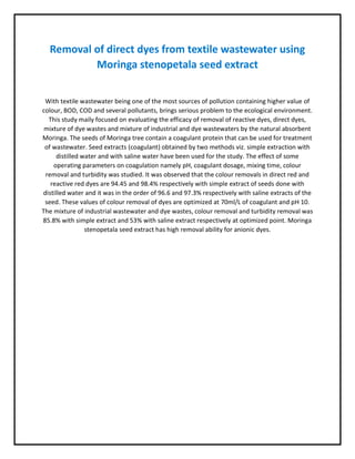 Assignment: Removal of direct dyes from textile wastewater using ...