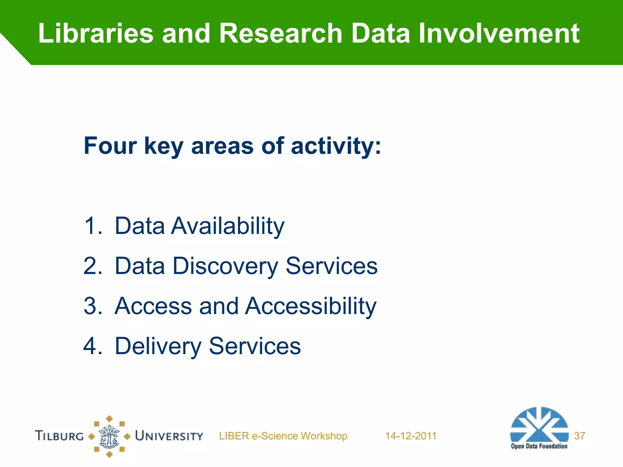 Libraries and Research Data Involvement



   Four key areas of activity:


   1. Data Availability
   2. Data Discovery Services
   3. Access and Accessibility
   4. Delivery Services


                LIBER e-Science Workshop   14-12-2011   37
 