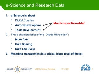 e-Science and Research Data

1. e-Science is about
      Digital Curation
                                               Machine actionable!
      Automated Capture
      Tools Development
2. Three characteristics of the “Digital Revolution”:
      More Data
      Data Sharing
      Data Life Cycle
3. Metadata management is a critical issue to all of these!




                          LIBER e-Science Workshop   14-12-2011      7
 