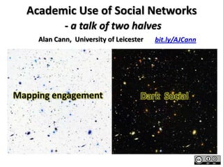 Academic Use of Social Networks
             - a talk of two halves
     Alan Cann, University of Leicester   bit.ly/AJCann




Mapping engagement                    Dark Social
 