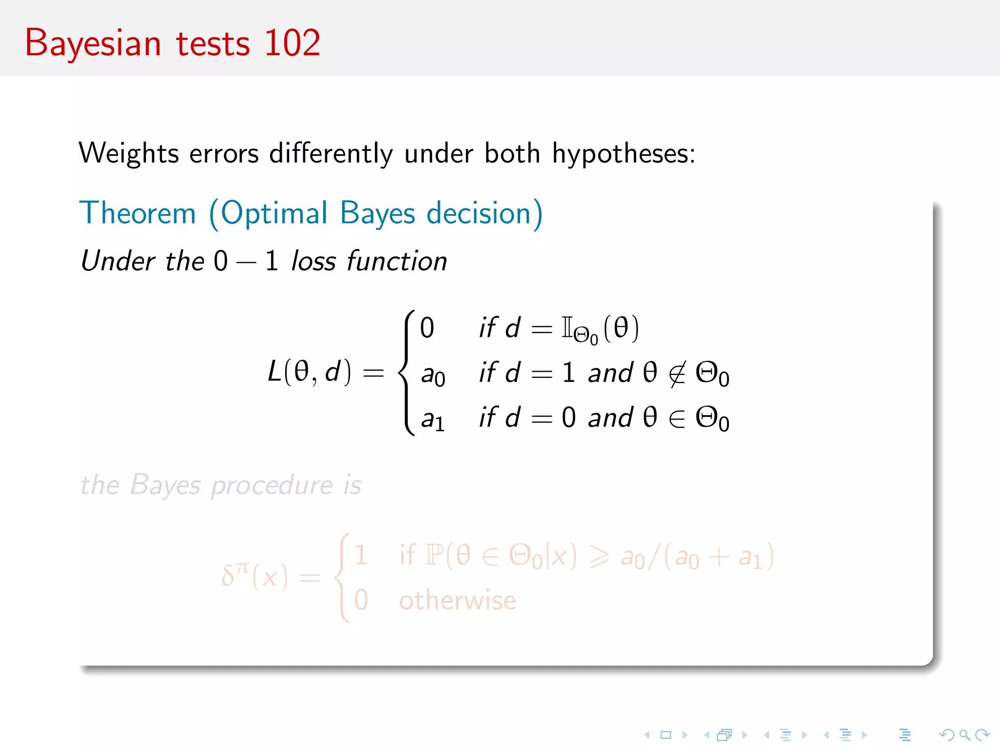 Bayesian tests 102
Weights errors diﬀerently under both hypotheses:
Theorem (Optimal Bayes decision)
Under the 0 − 1 loss function
L(θ, d) =



0 if d = IΘ0 (θ)
a0 if d = 1 and θ ∈ Θ0
a1 if d = 0 and θ ∈ Θ0
the Bayes procedure is
δπ
(x) =
1 if P(θ ∈ Θ0|x) a0/(a0 + a1)
0 otherwise
 