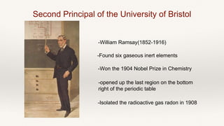 Second Principal of the University of Bristol
-William Ramsay(1852-1916)
-Won the 1904 Nobel Prize in Chemistry
-Isolated the radioactive gas radon in 1908
-Found six gaseous inert elements
-opened up the last region on the bottom
right of the periodic table
 