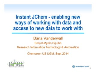Instant JChemInstant JChem -- enabling newenabling new
ways of working with data andways of working with data andways of working with data andways of working with data and
access to new data to work withaccess to new data to work with
Dana Vanderwall
Bristol-Myers Squibb
Research Information Technology & Automation
Chemaxon US UGM, Sept 2014
1
 