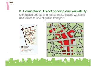 3. Connections: Street spacing and walkability
    Connected streets and routes make places walkable
    and increase use of public transport




!
 