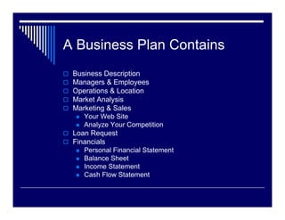 A Business Plan Contains
 Business Description
 Managers & Employees
 Operations & Location
 Market Analysis
 Marketing & Sales
    Your Web Site
    Analyze Your Competition
 Loan Request
 Financials
    Personal Financial Statement
    Balance Sheet
    Income Statement
    Cash Flow Statement
 