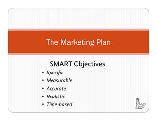 The Marketing Plan

     SMART Objectives
•   Specific
•   Measurable
•   Accurate
•   Realistic
•   Time‐based
 