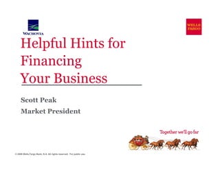Helpful Hints for
    Financing
    Your Business
     Scott Peak
     Market President




© 2009 Wells Fargo Bank, N.A. All rights reserved. For public use.
 