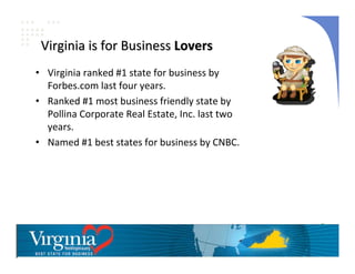 Virginia is for Business Lovers
• Virginia ranked #1 state for business by 
  Forbes.com last four years.
• Ranked #1 most business friendly state by 
  Pollina Corporate Real Estate, Inc. last two 
  years.
• Named #1 best states for business by CNBC.




                     Ask VBIC = 866‐
                     248‐8814
 
