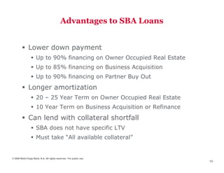 Advantages to SBA Loans


              Lower down payment
                     Up to 90% financing on Owner Occupied Real Estate
                     Up to 85% financing on Business Acquisition
                     Up to 90% financing on Partner Buy Out
              Longer amortization
                     20 – 25 Year Term on Owner Occupied Real Estate
                     10 Year Term on Business Acquisition or Refinance
              Can lend with collateral shortfall
                     SBA does not have specific LTV
                     Must take “All available collateral”


© 2009 Wells Fargo Bank, N.A. All rights reserved. For public use.
                                                                         90
 