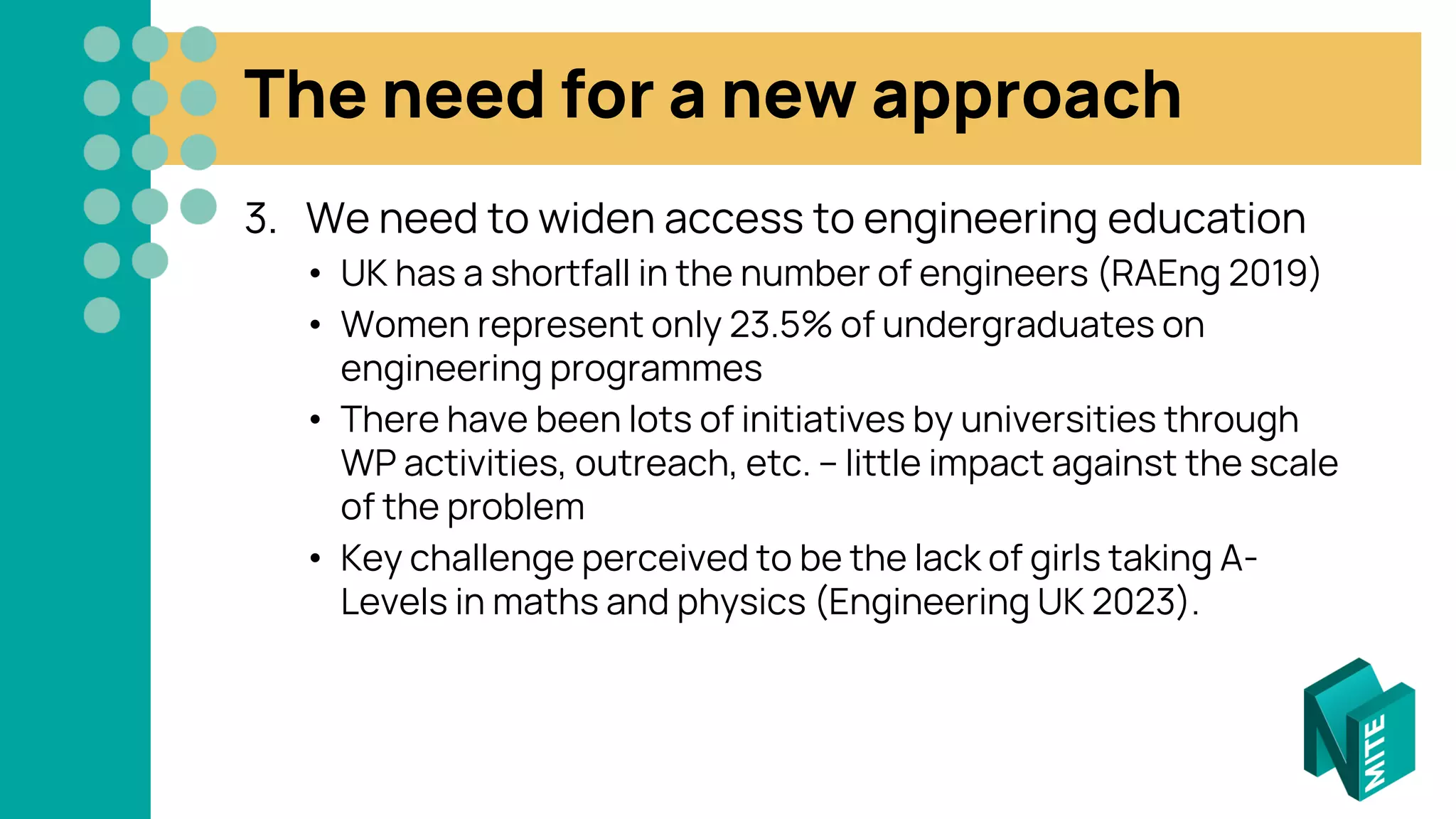 The need for a new approach
3. We need to widen access to engineering education
• UK has a shortfall in the number of engineers (RAEng 2019)
• Women represent only 23.5% of undergraduates on
engineering programmes
• There have been lots of initiatives by universities through
WP activities, outreach, etc. – little impact against the scale
of the problem
• Key challenge perceived to be the lack of girls taking A-
Levels in maths and physics (Engineering UK 2023).
 