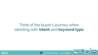 @seodanbrooks @airadigital
Think of the buyer’s journey when
labelling with intent and keyword type
 