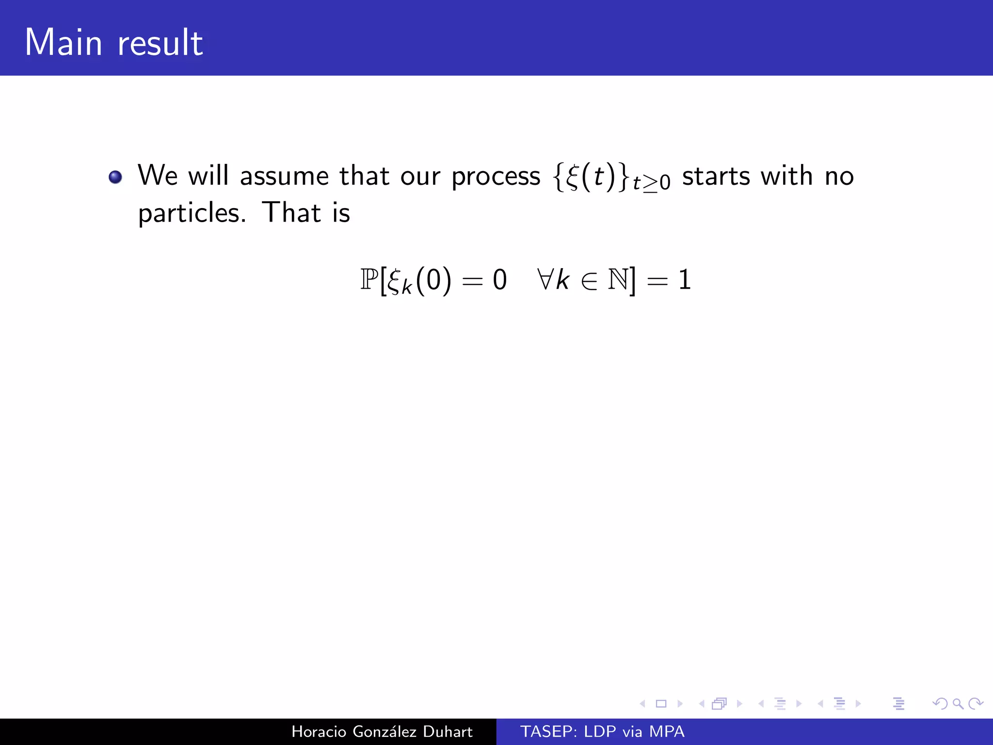 The TASEP 
Theorem (Liggett 1975) 
Let  be a product measure on f0; 1gN for which 
 := lim 
k!1 
f : k = 1g exists. Then there exist probability 
measures % 
de 