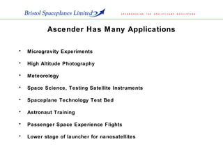 Ascender Has Many Applications
• Microgravity Experiments
• High Altitude Photography
• Meteorology
• Space Science, Testing Satellite Instruments
• Spaceplane Technology Test Bed
• Astronaut Training
• Passenger Space Experience Flights
• Lower stage of launcher for nanosatellites
 