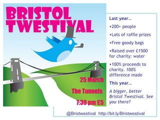 Last year… 200+ people Lots of raffle prizes Free goody bags Raised over £1500 for charity: water 100% proceeds to charity. 100% difference made @Bristwestival   http://bit.ly/Bristwestival   